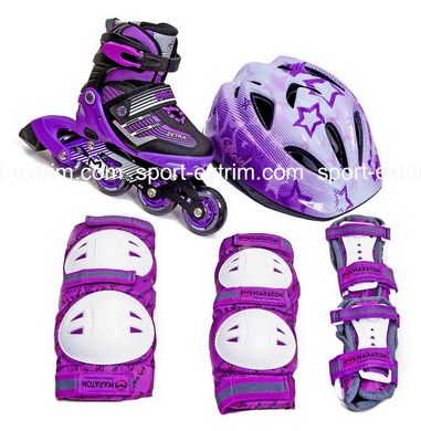 Комплект:Ролики ЛФ Скейт Purple+защита Fire+шлем Fruits регулируемый. р.30-34,39-42