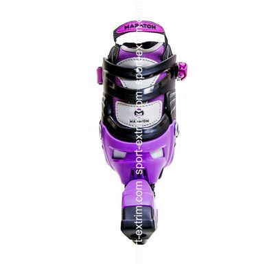 Комплект:Ролики ЛФ Скейт Purple+защита Fire+шлем Fruits регулируемый. р.30-34,39-42