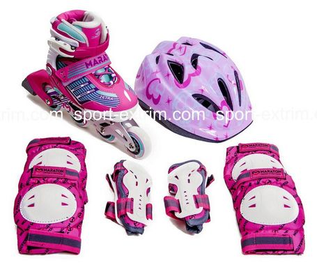 Комплект:Ролики ЛФ Скейт Pink+защита Fire Pink+шлем регулируемый. р.30-34,39-42